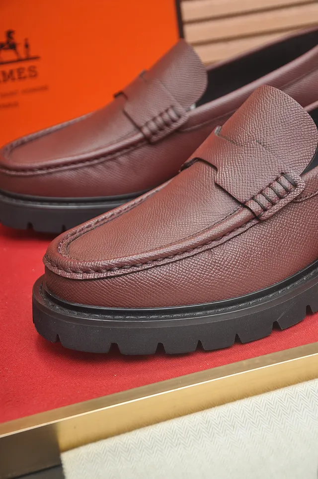 Hermès Brown Black Pebbled Leather Penny Strap Loafer 2