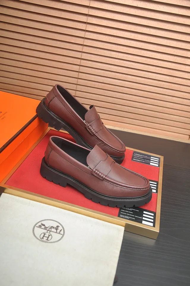 Hermès Brown Black Pebbled Leather Penny Strap Loafer 4