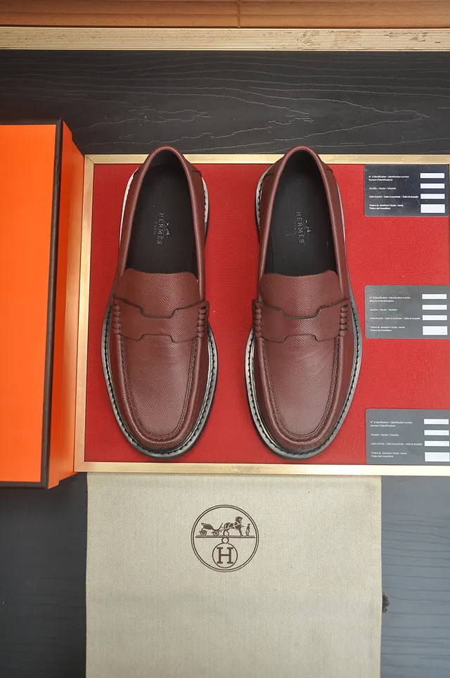 Hermès Brown Black Pebbled Leather Penny Strap Loafer 5