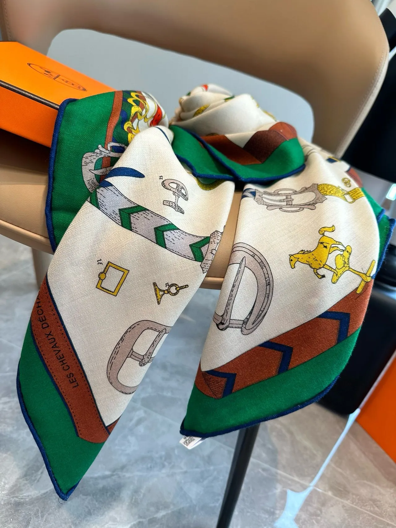 Hermès Carré Beige Multicolor Equestrian Print Bordered Square Silk Scarf 5