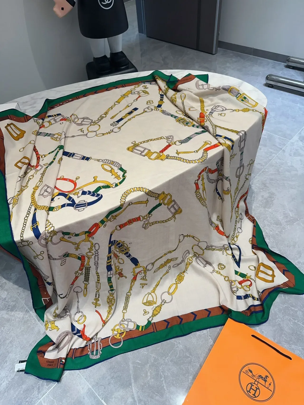 Hermès Cavalier Beige Multicolor Equestrian Hardware Print On Cream Silk Scarf 1