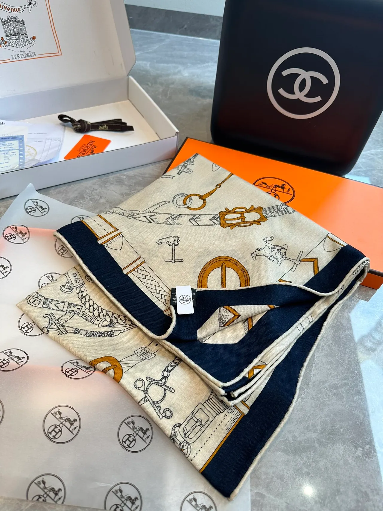 Hermès Equestrian Hardware Print Cream Silk Scarf 5