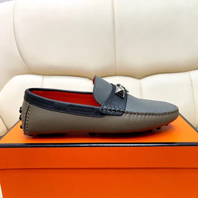 Hermès Gray Black Textured Leather Orange Interior Lining Loafer 2