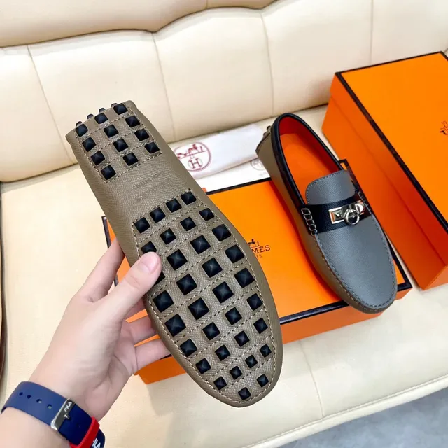 Hermès Gray Black Textured Leather Orange Interior Lining Loafer 3