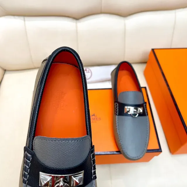 Hermès Gray Black Textured Leather Orange Interior Lining Loafer 4