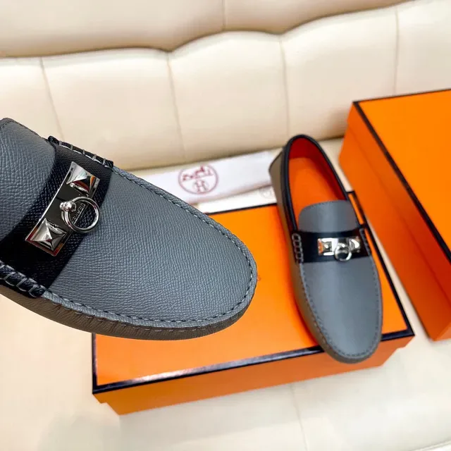 Hermès Gray Black Textured Leather Orange Interior Lining Loafer 6