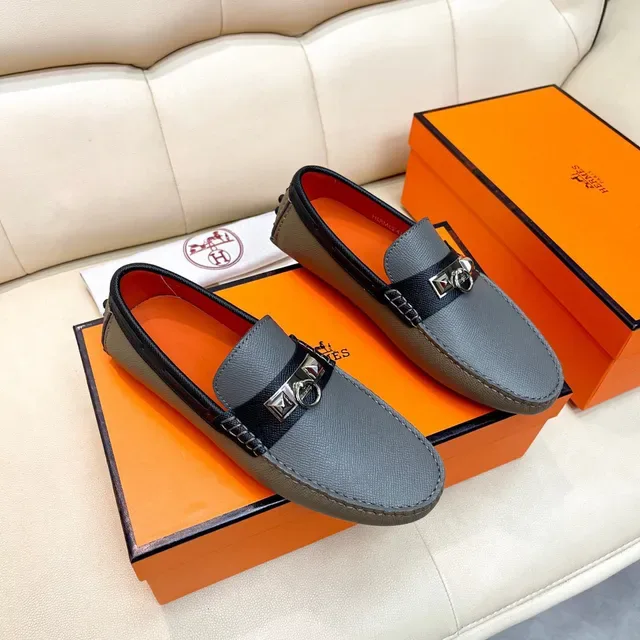 Hermès Gray Black Textured Leather Orange Interior Lining Loafer 7