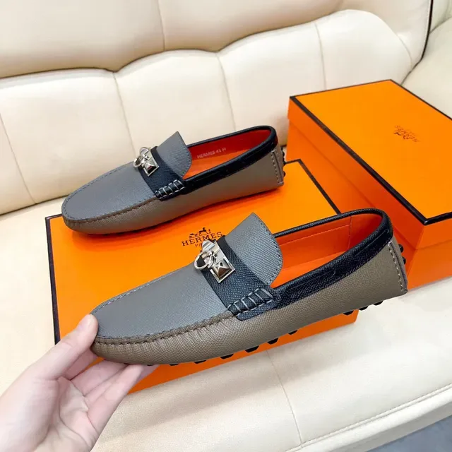 Hermès Gray Black Textured Leather Orange Interior Lining Loafer 8