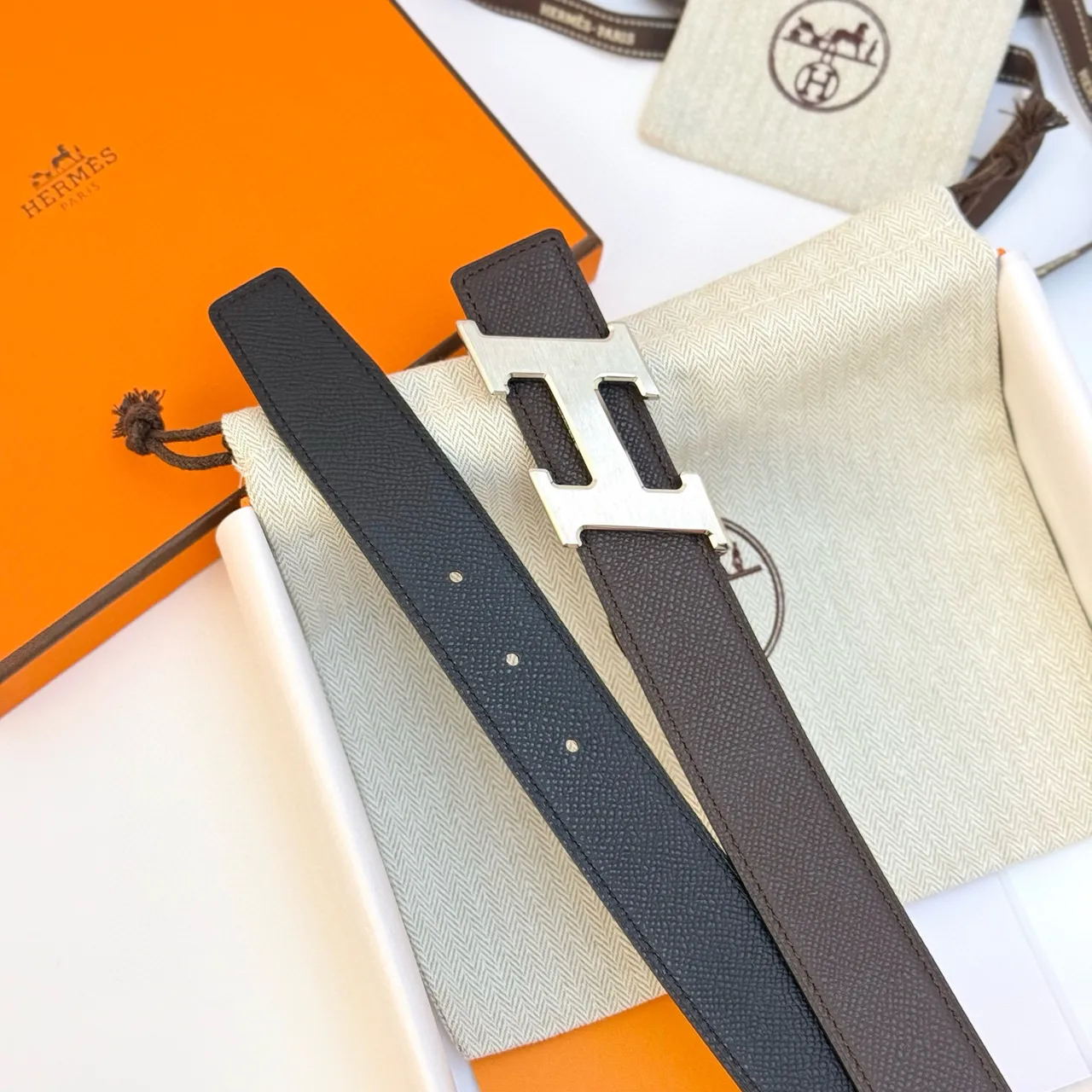 Hermès H Belt Black Blue Textured Buckle Leather Belt 3