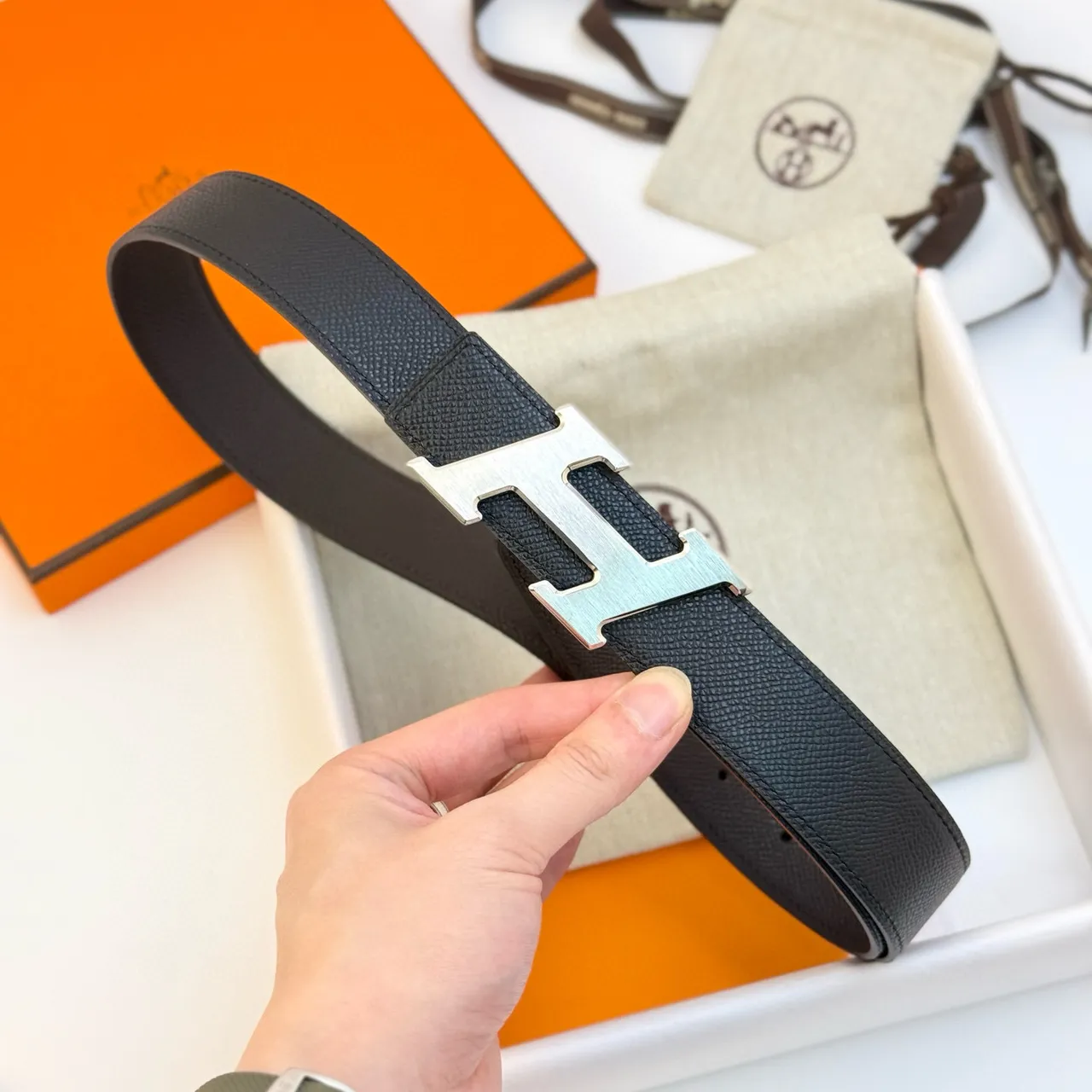 Hermès H Belt Black Blue Textured Buckle Leather Belt 5