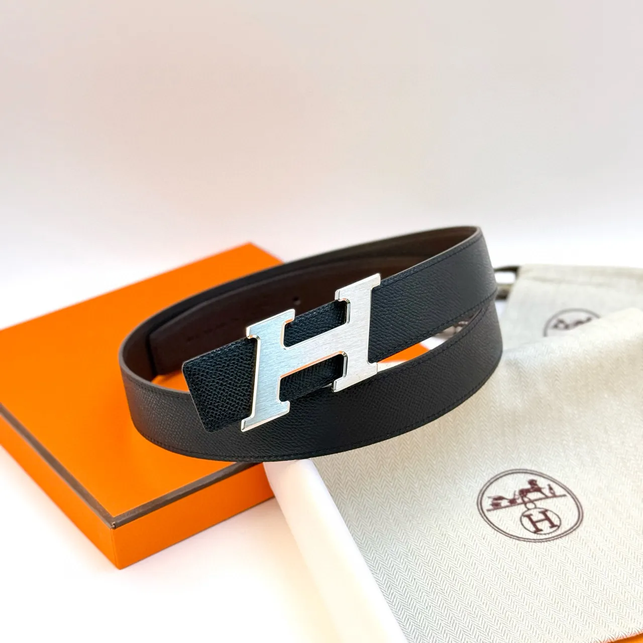 Hermès H Belt Black Blue Textured Buckle Leather Belt 6