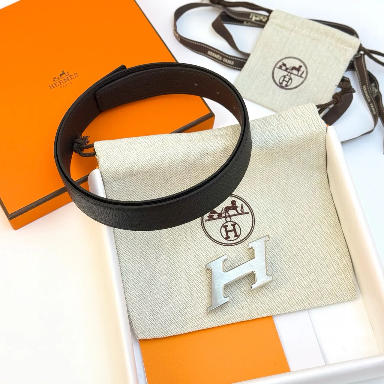 Hermès H Belt Black Blue Textured Buckle Leather Belt 7