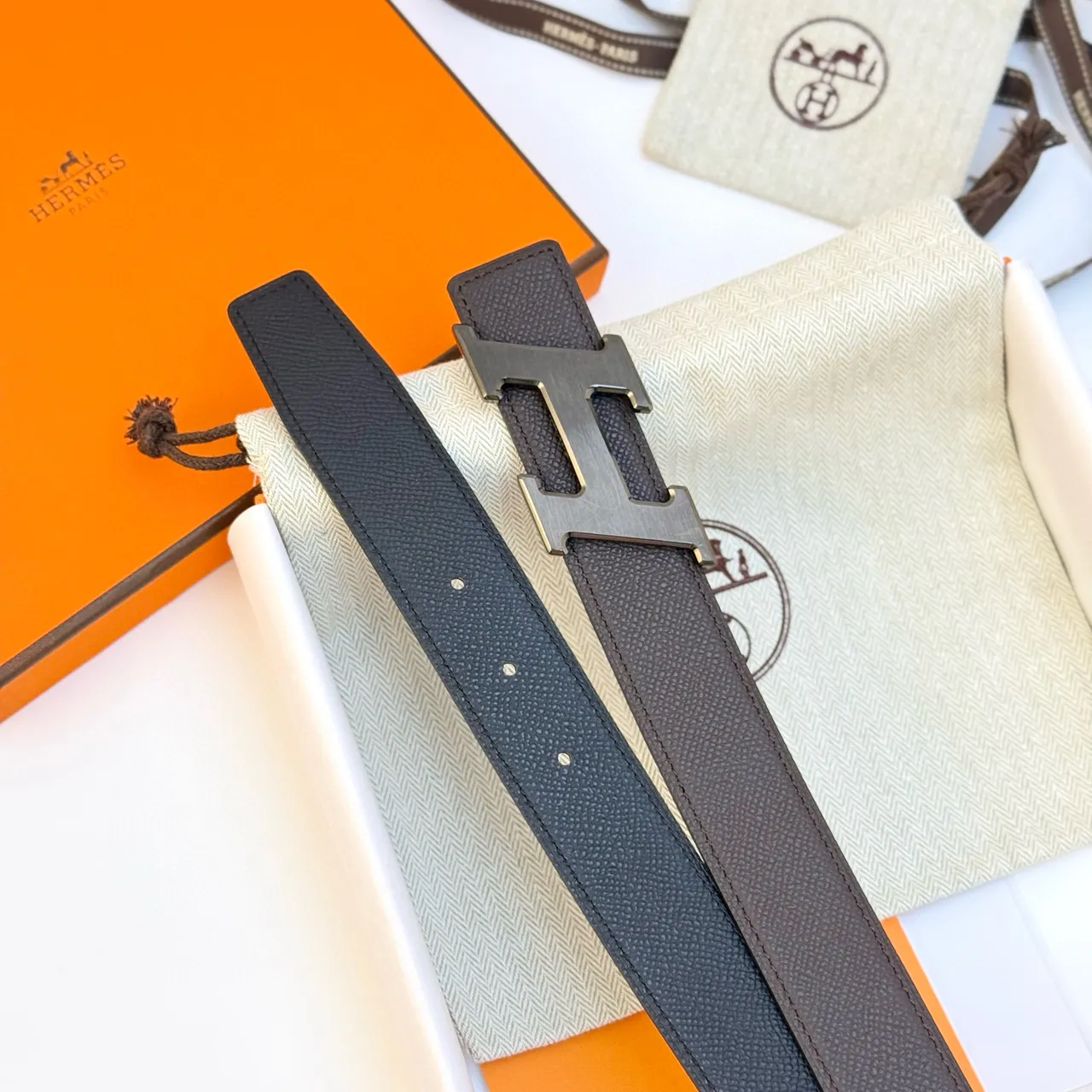 Hermès H Belt Black Blue Textured Buckle Leather Belt 9