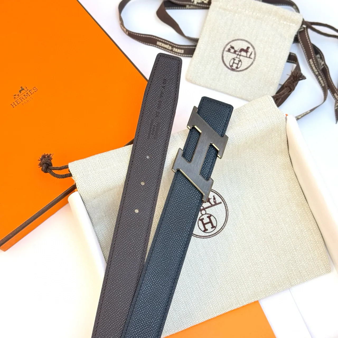 Hermès H Belt Black Blue Textured Buckle Leather Belt 10