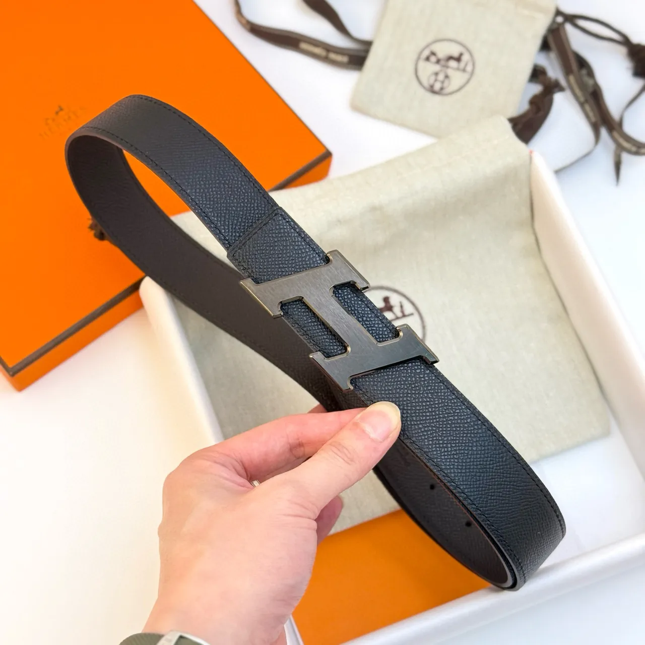 Hermès H Belt Black Blue Textured Buckle Leather Belt 11