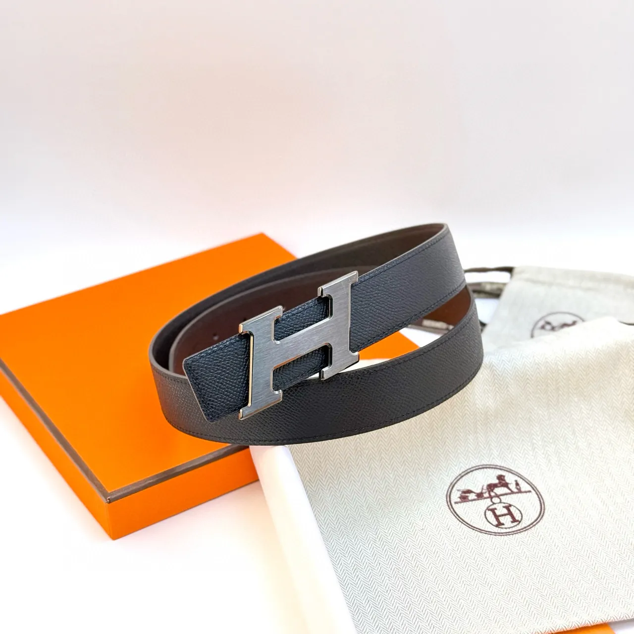 Hermès H Belt Black Blue Textured Buckle Leather Belt 12