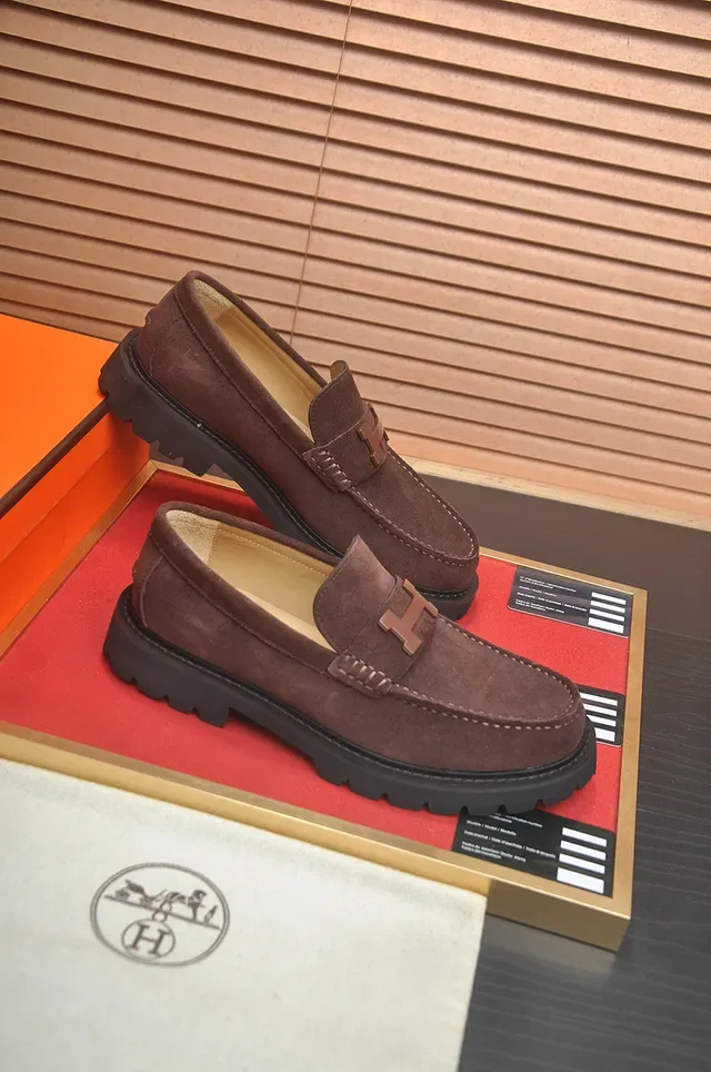 Hermès H-Buckle Loafer Marrom Preto Camurça Superior Metal Loafer 4