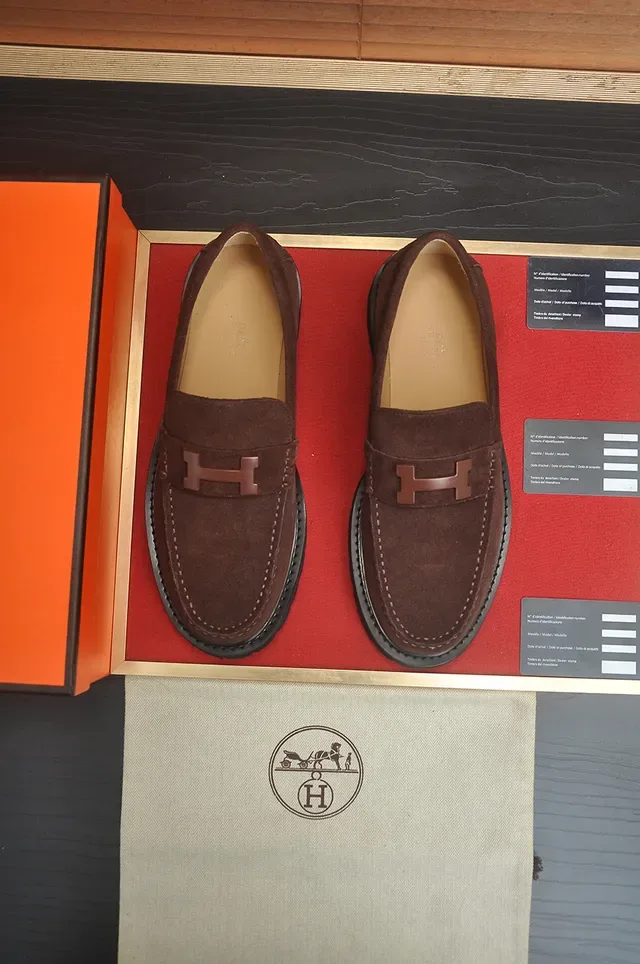 Hermès H-Buckle Loafer Marrom Preto Camurça Superior Metal Loafer 5