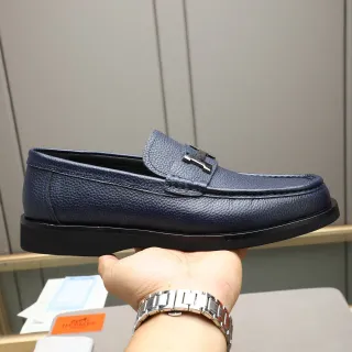 Hermès H-Logo Loafer Navy Blue Pebbled Leather Loafers