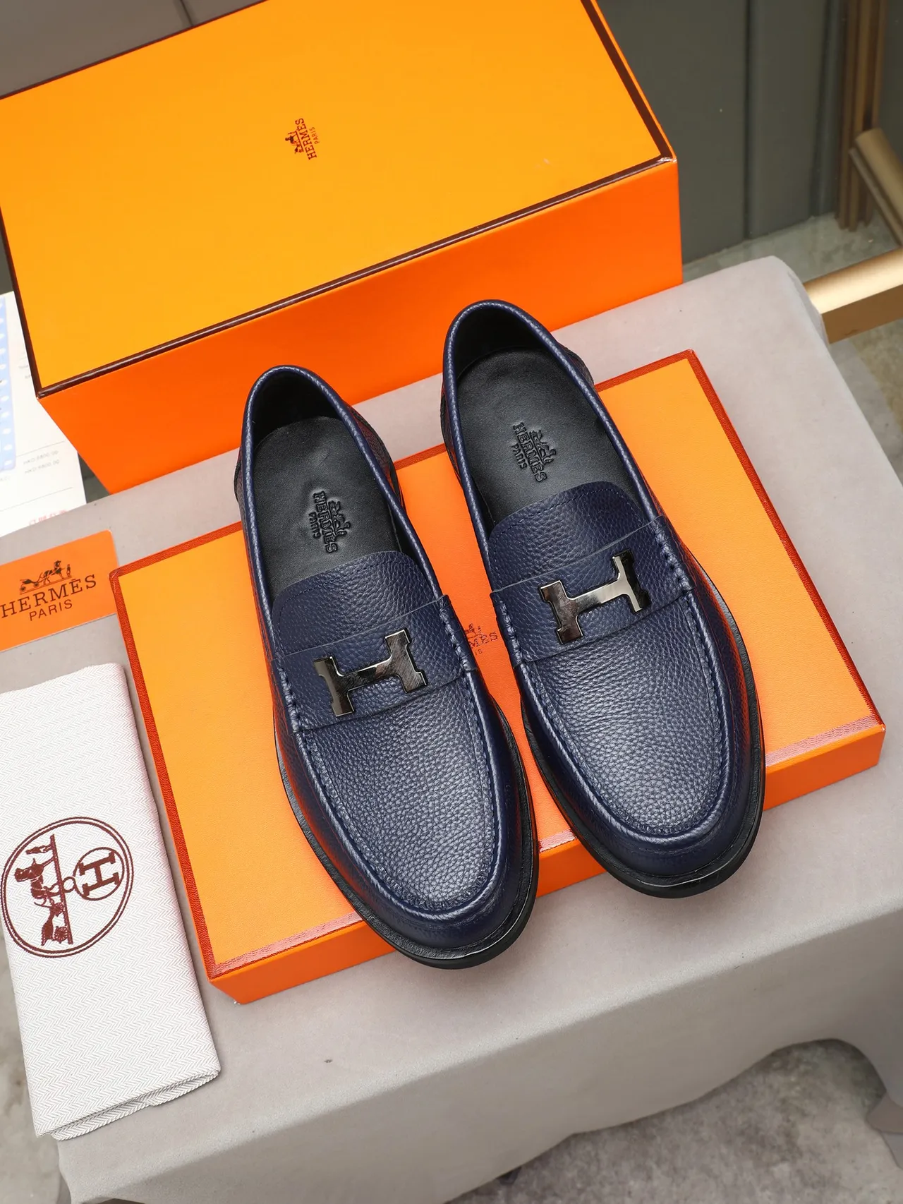 Hermès H-Logo Loafer Navy Blue Pebbled Leather Loafers 2
