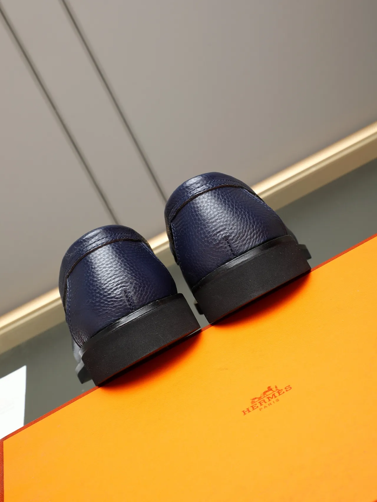 Hermès H-Logo Loafer Navy Blue Pebbled Leather Loafers 3