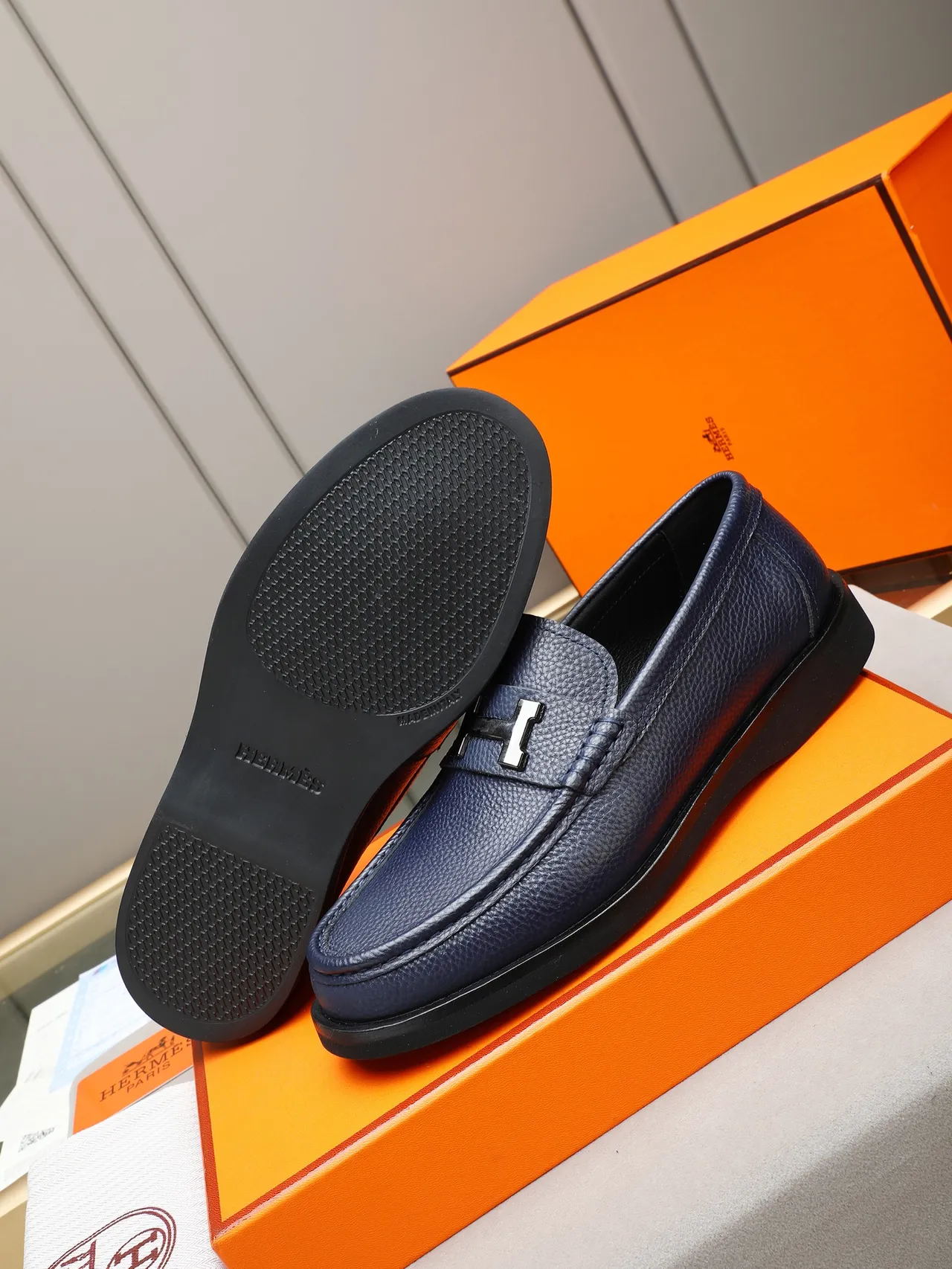 Hermès H-Logo Loafer Navy Blue Pebbled Leather Loafers 4