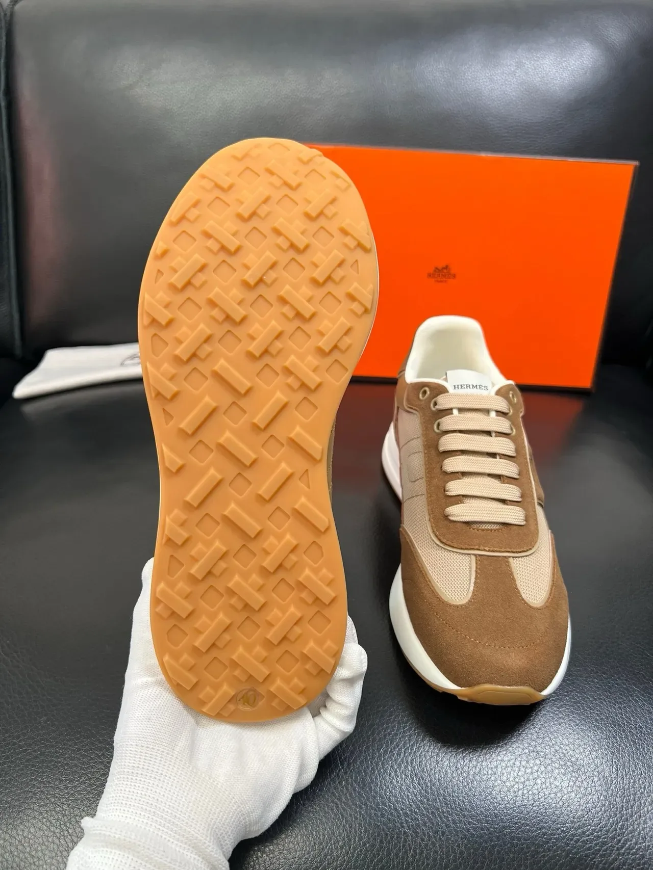 Hermès H-Racer Brown and Beige Lifestyle Sneakers 2