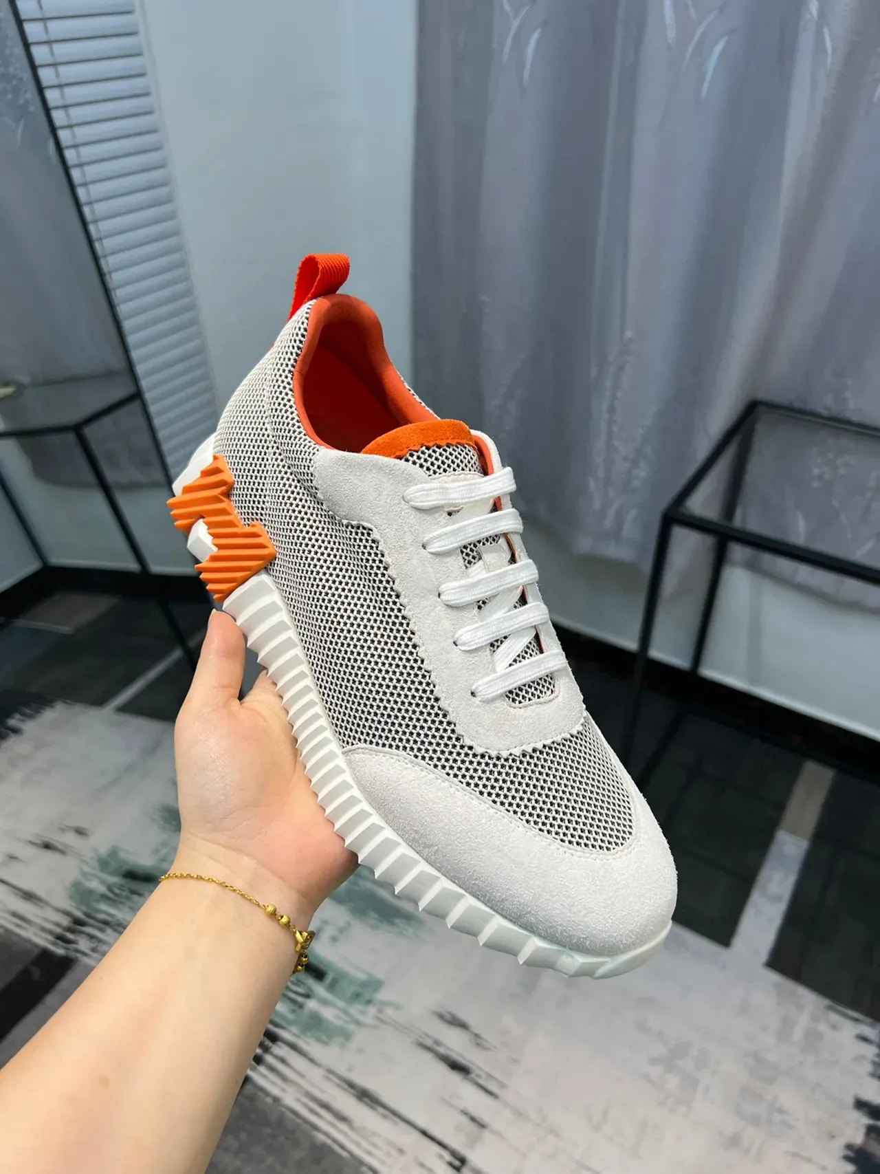 Hermès H-Ride Off-White and Orange Lifestyle Sneakers 6