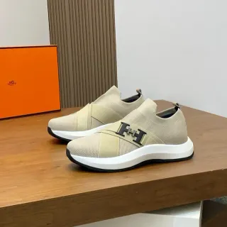 Hermès H Walk Beige Black Slip-On Knit Elastic Cross-Strap Lifestyle Sneakers
