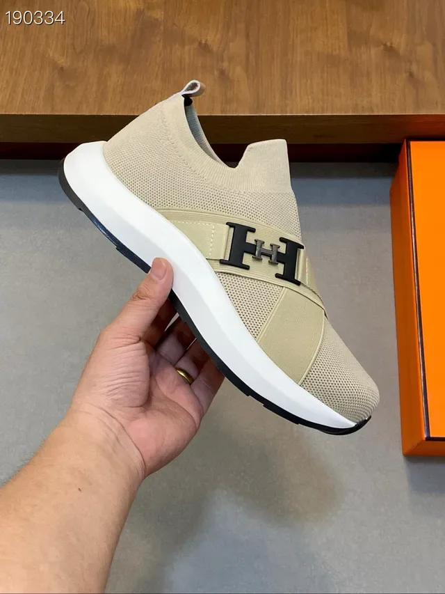 Hermès H Walk Beige Noir Chaussures Slip-On tricot élastique brides croisées style de vie 6