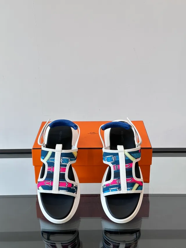 Hermès Multicolor Black Wide Multi-Strap Platform Sole Casual Sandals 7