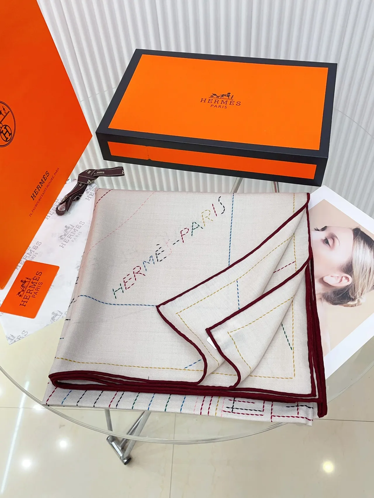 Hermès Multicolor Dashed Grid Herringbone Cashmere Scarf 5