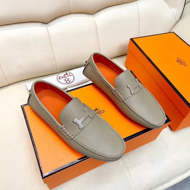 Hermès Oran Beige Orange Pebbled Leather H-Buckle Hardware Loafer 6