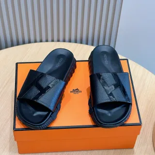 Hermès Oran Black Leather H-Strap Slipper
