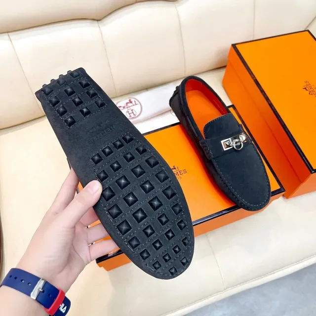 Hermès Oran Loafer Preto Laranja Camurça Metal H Stirrup Hardware 2