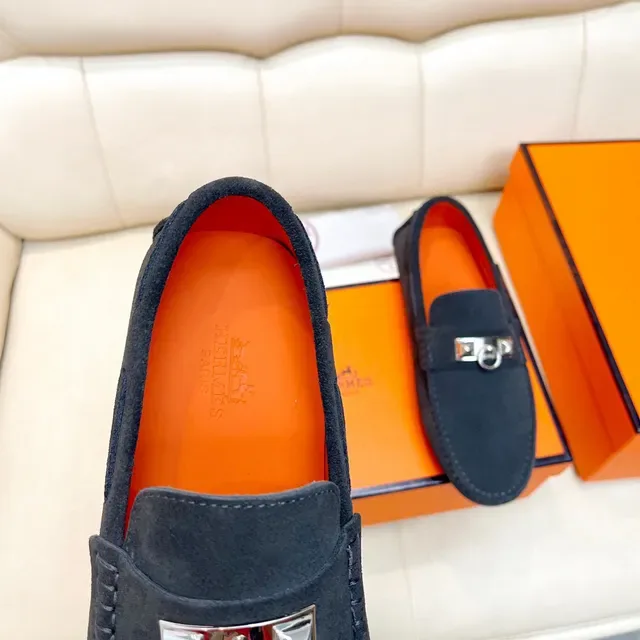 Hermès Oran Loafer Preto Laranja Camurça Metal H Stirrup Hardware 4