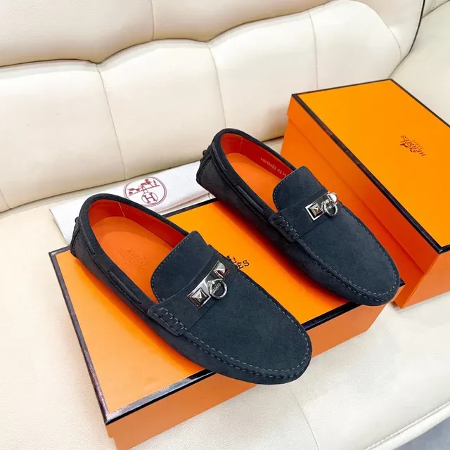 Hermès Oran Loafer Preto Laranja Camurça Metal H Stirrup Hardware 5