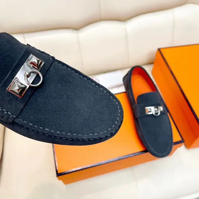 Hermès Oran Loafer Preto Laranja Camurça Metal H Stirrup Hardware 6