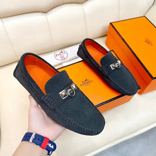 Hermès Oran Loafer Preto Laranja Camurça Metal H Stirrup Hardware 7