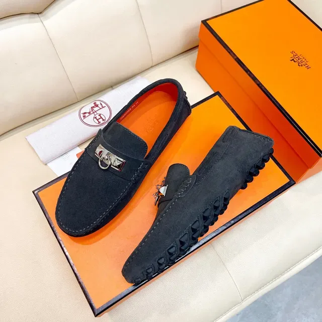Hermès Oran Loafer Preto Laranja Camurça Metal H Stirrup Hardware 9
