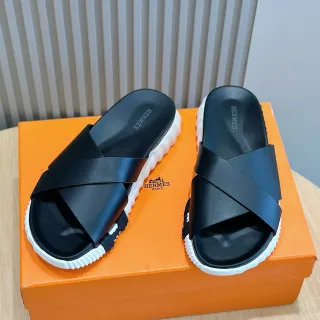 Hermès Oran Black White Cross-Strap Platform Sole Slippers