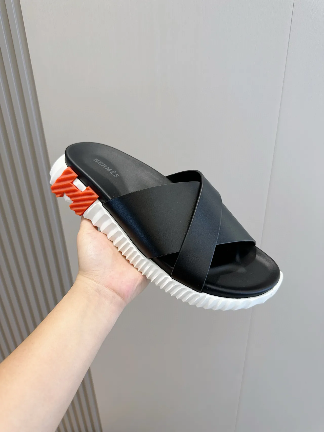 Hermès Oran Black White Cross-Strap Platform Sole Slippers 6