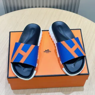 Hermès Oran Blue and Orange Leather Slippers