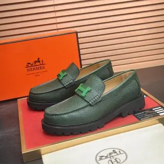 Hermès Oran Verde Negro Cuero Granulado H-Buckle Hardware Mocasín