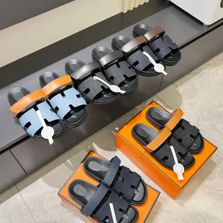 Hermès Oran Slide Black Blue H-Cutout Strap Construction Slippers