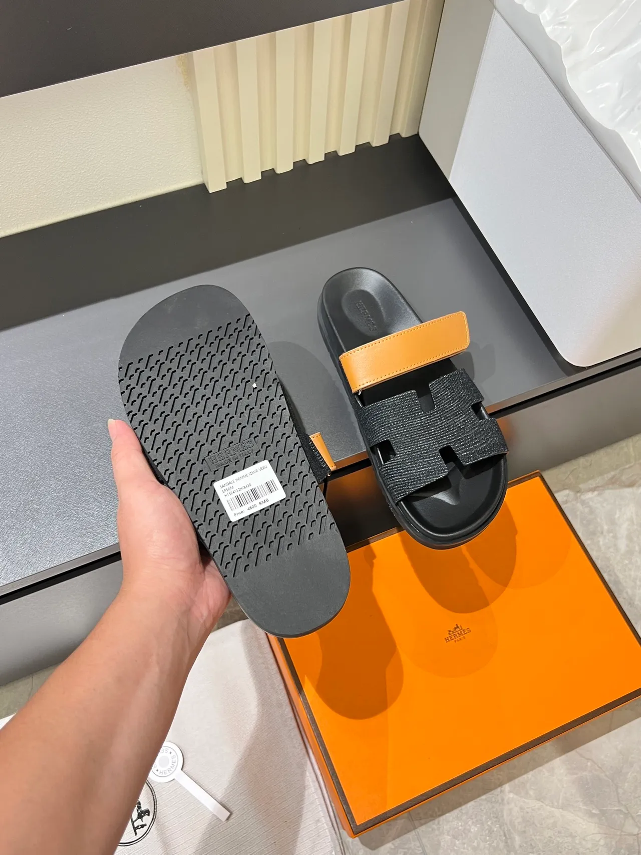 Hermès Oran Slide Black Blue H-Cutout Strap Construction Slippers 2
