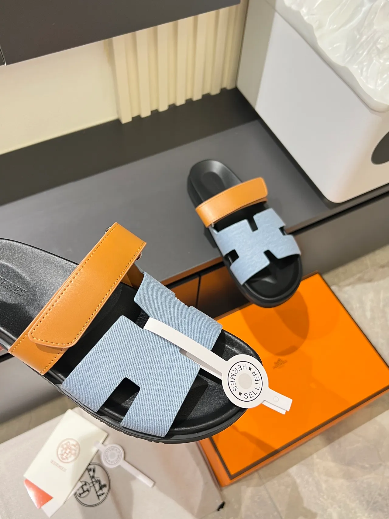 Hermès Oran Slide Black Blue H-Cutout Strap Construction Slippers 3