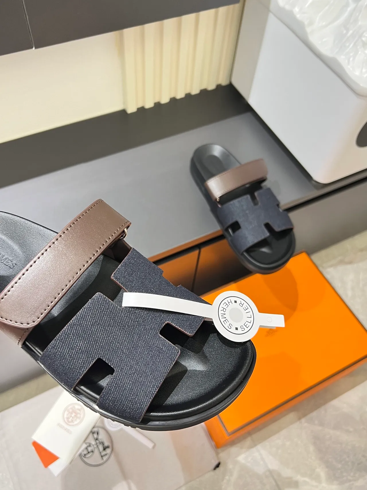 Hermès Oran Slide Black Blue H-Cutout Strap Construction Slippers 5
