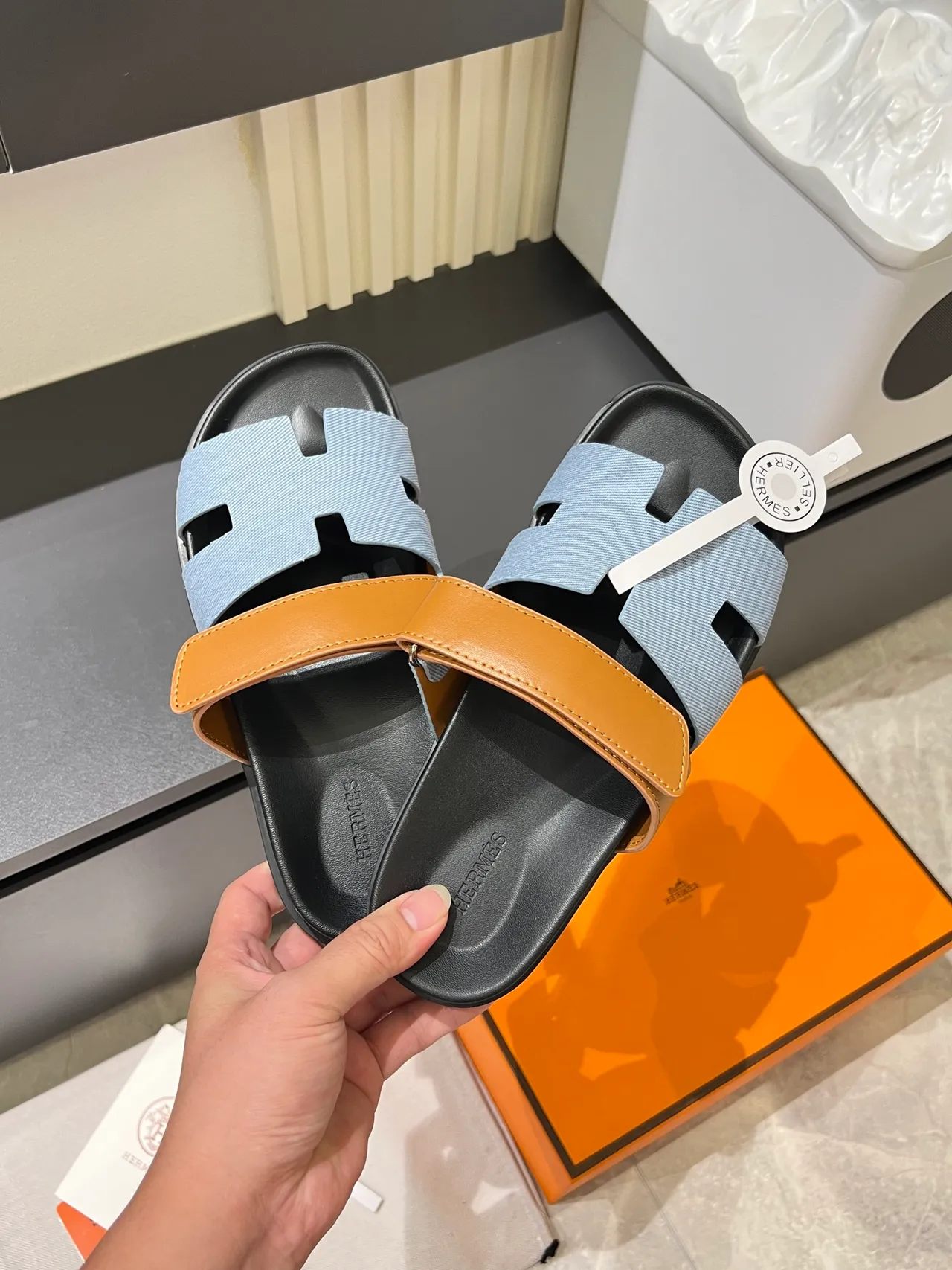 Hermès Oran Slide Black Blue H-Cutout Strap Construction Slippers 8