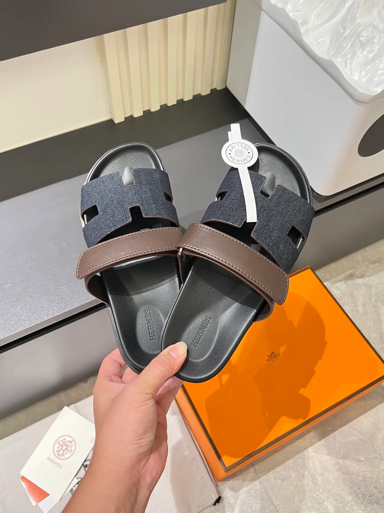 Hermès Oran Slide Black Blue H-Cutout Strap Construction Slippers 10